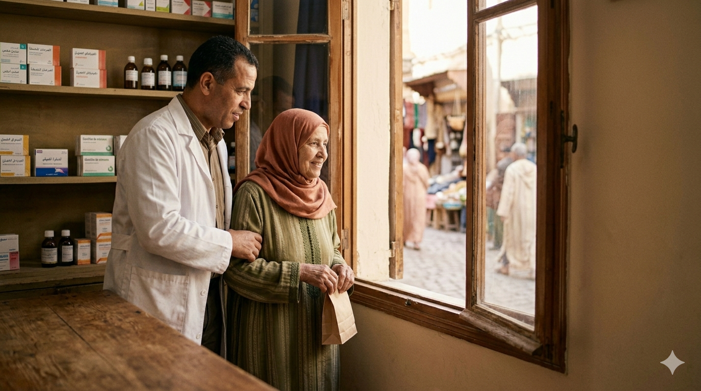 A pharmacist and a customer in a warm, sunlit independent pharmacy